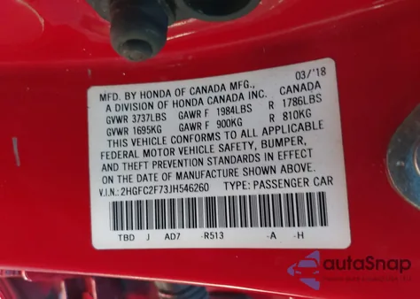 2018 Honda Civic Ex из США, поврежденный, VIN 2HGFC2F73JH546260